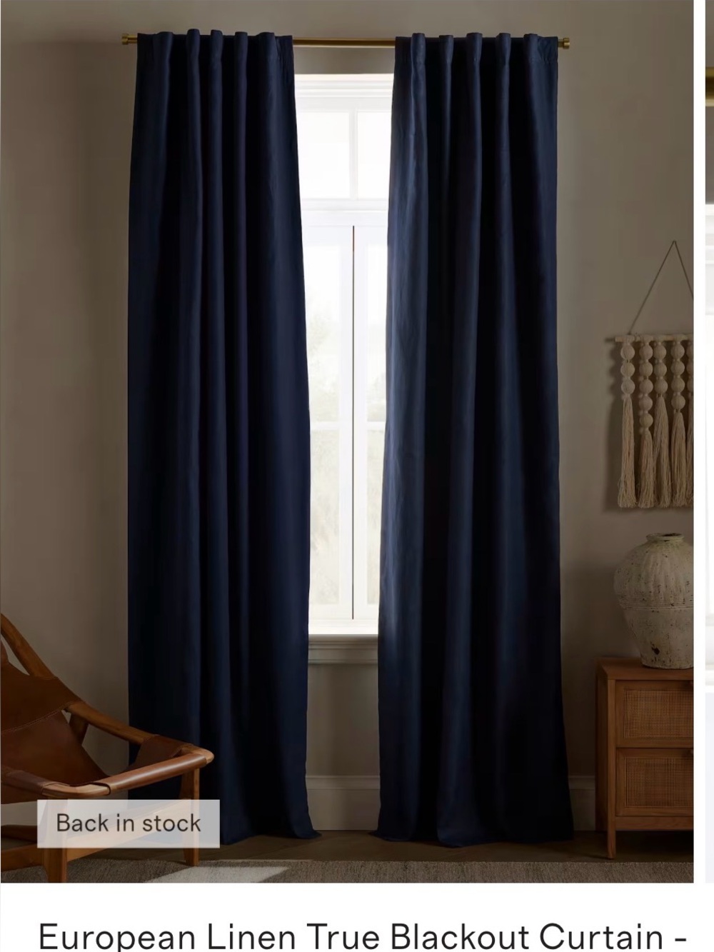 Quince European Luxe Linen Curtain Panel Navy 96x84  (1 panel)
